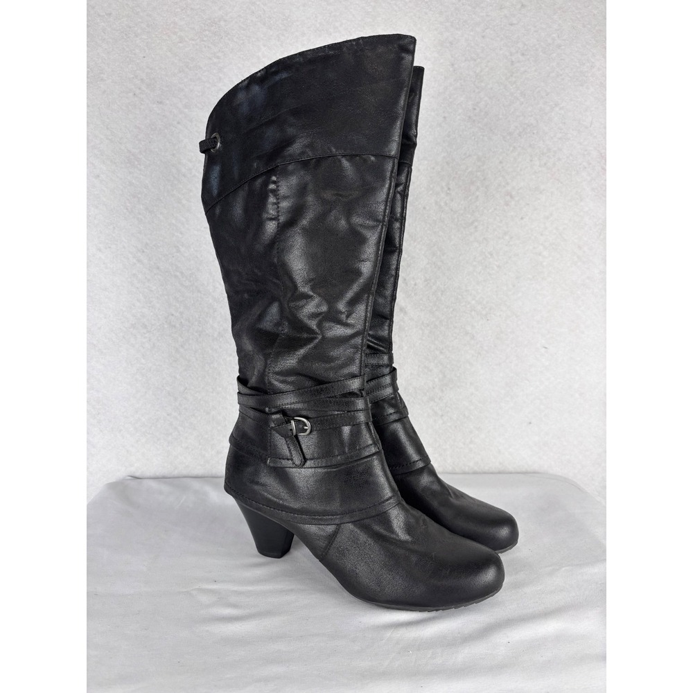 Naturalizer Women Knee High Boots 10M Black Strappy Buckle Heeled Riding Boots